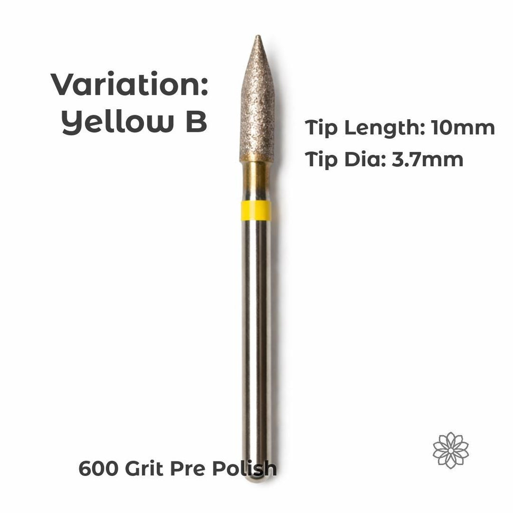Variation Yellow B sintered diamond burr featuring a narrow tapered cone profile, 10mm tip length and 3.7mm diameter, used for precision access in tight areas, fine detailing, and controlled refinement in lapidary carving and intricate jewelry work.