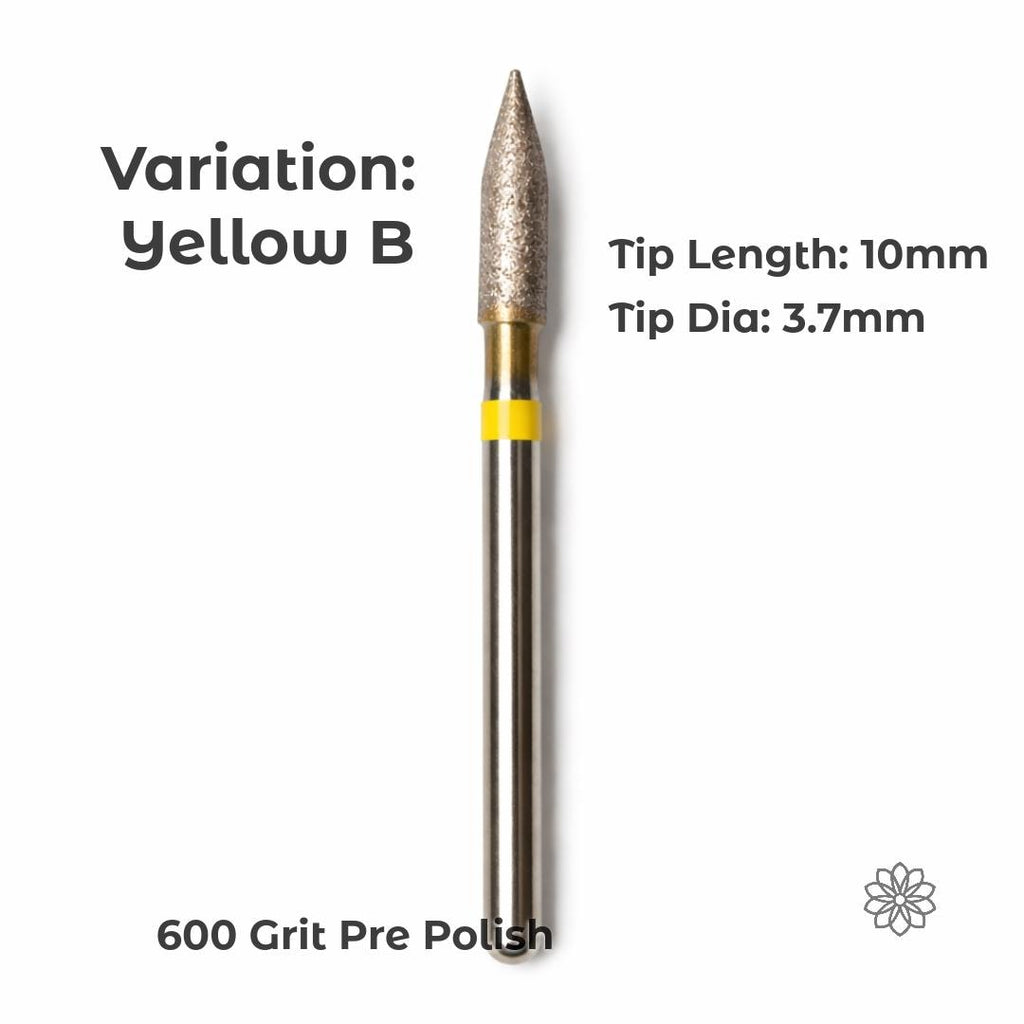 Variation Yellow B sintered diamond burr featuring a narrow tapered cone profile, 10mm tip length and 3.7mm diameter