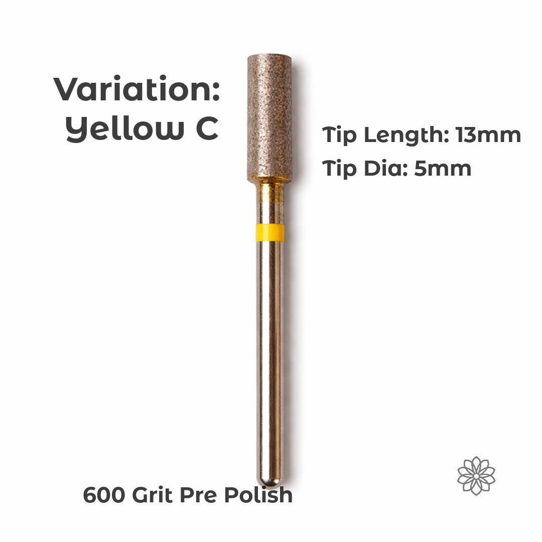 Variation Yellow C sintered diamond cylinder burr with a flat-sided profile, 13mm tip length and 5mm diameter, suited for leveling surfaces, smoothing flat areas, and refining edges in stone shaping and metal finishing applications.