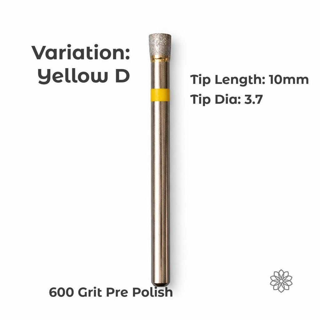 Variation Yellow D sintered diamond burr with a short cylindrical head, 10mm tip length and 3.7mm diameter, designed for controlled surface refinement, edge cleanup, and consistent finishing work in both lapidary and jewelry processes.