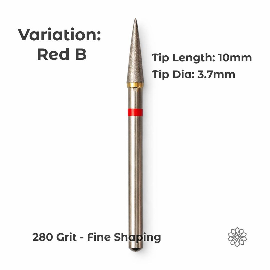 Variation Red B sintered diamond burr featuring a narrow tapered cone profile, 10mm tip length and 3.7mm diameter