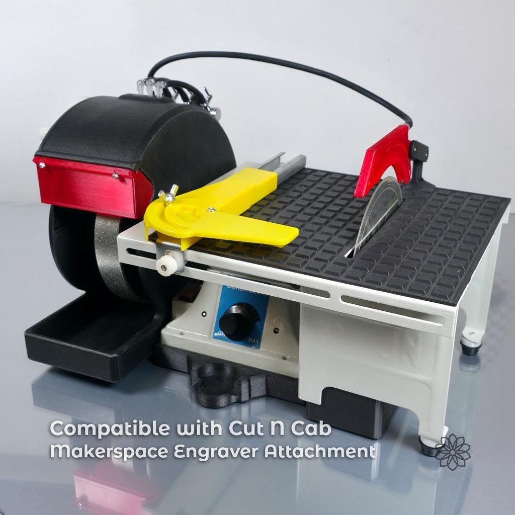 Cut n Cab Makerspace lapidary machine with saw table and engraving attachment, shown as a compatible platform for sintered diamond burr use, supporting controlled shaping, carving, and finishing across stone and metal materials.
