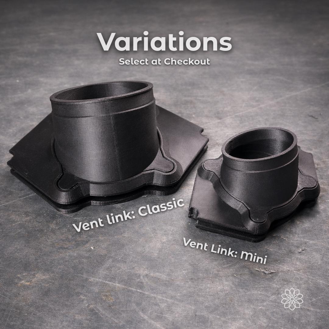 Side by side comparison of Tent Link Classic and Mini heater port adapters, showing size difference between 4 inch and 3 inch duct compatibility, both in black carbon fiber reinforced material for rooftop and ground tent heating systems.