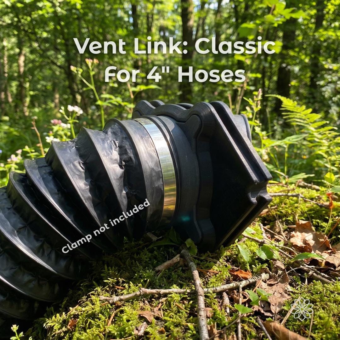 Tent Link Classic adapter connected to 4 inch flexible ducting in outdoor forest setting, demonstrating diesel heater airflow routing for rooftop tent camping, black composite port attached to hose with clamp for stable and clean heat delivery.