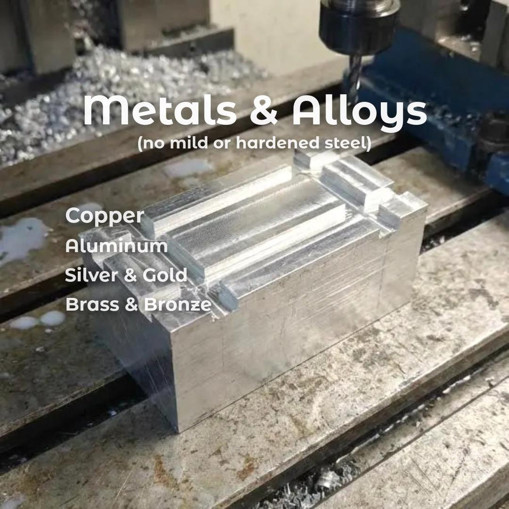 CNC machining image showing aluminum being cut on the mill, representing custom machining service capability for copper, aluminum, silver, gold, brass, and bronze parts, including precision components, plaques, jewelry blanks, prototypes, and small custom metal projects.