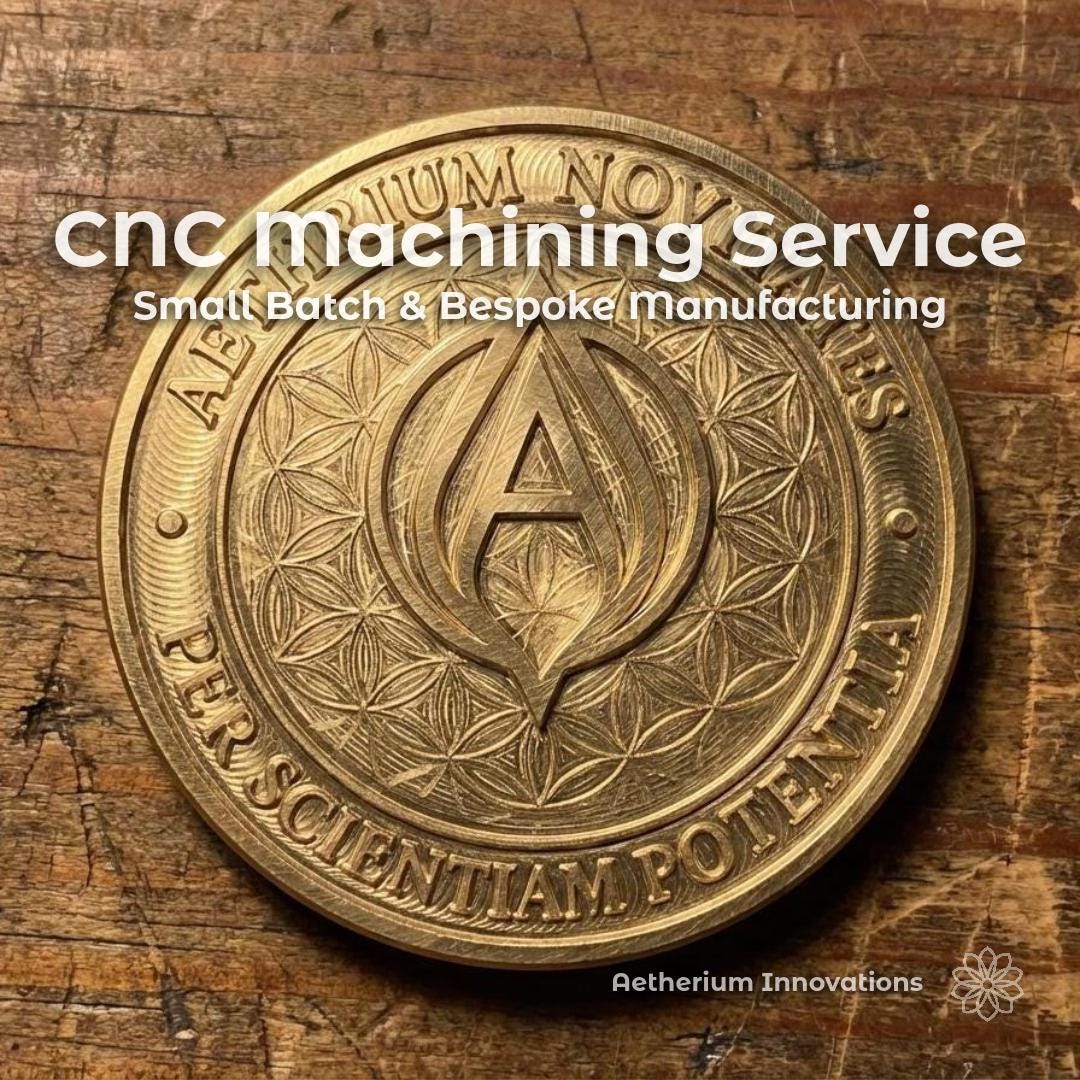 CNC machining service hero image featuring a precision engraved brass coin with intricate geometric pattern and Aetherium logo, displayed on a worn wood workbench. Overlay text reads “cnc machining service – Small Batch & Bespoke manufacturing.” Fine toolpath marks and clean engraving depth show high detail capability for custom coins, medallions, and metal artwork produced through small batch CNC manufacturing.