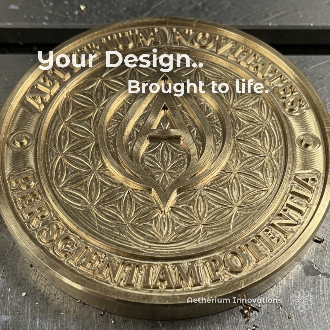 Close-up of precision machined brass coin with deep engraved lettering, geometric patterning, and polished raised surfaces. Overlay text reads “Your Design.. Brought to life.” Fine toolpath detail and clean edge definition highlight translation from artwork or concept into a finished metal object, reinforcing custom CNC machining for coins, medallions, and detailed engraved designs.