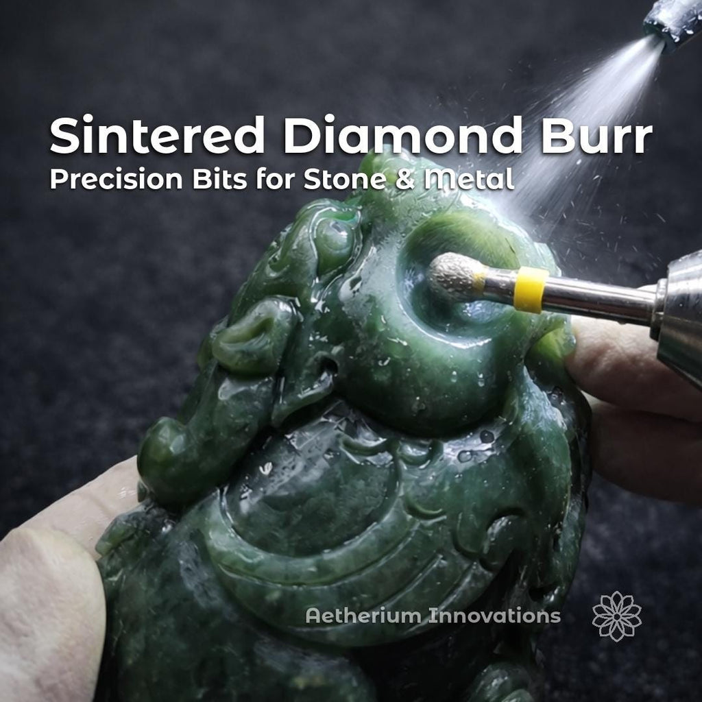 Sintered diamond bur carving into a polished green jade under a directed water stream, highlighting controlled material removal and cooling during lapidary shaping as the tool refines surface detail without overheating.