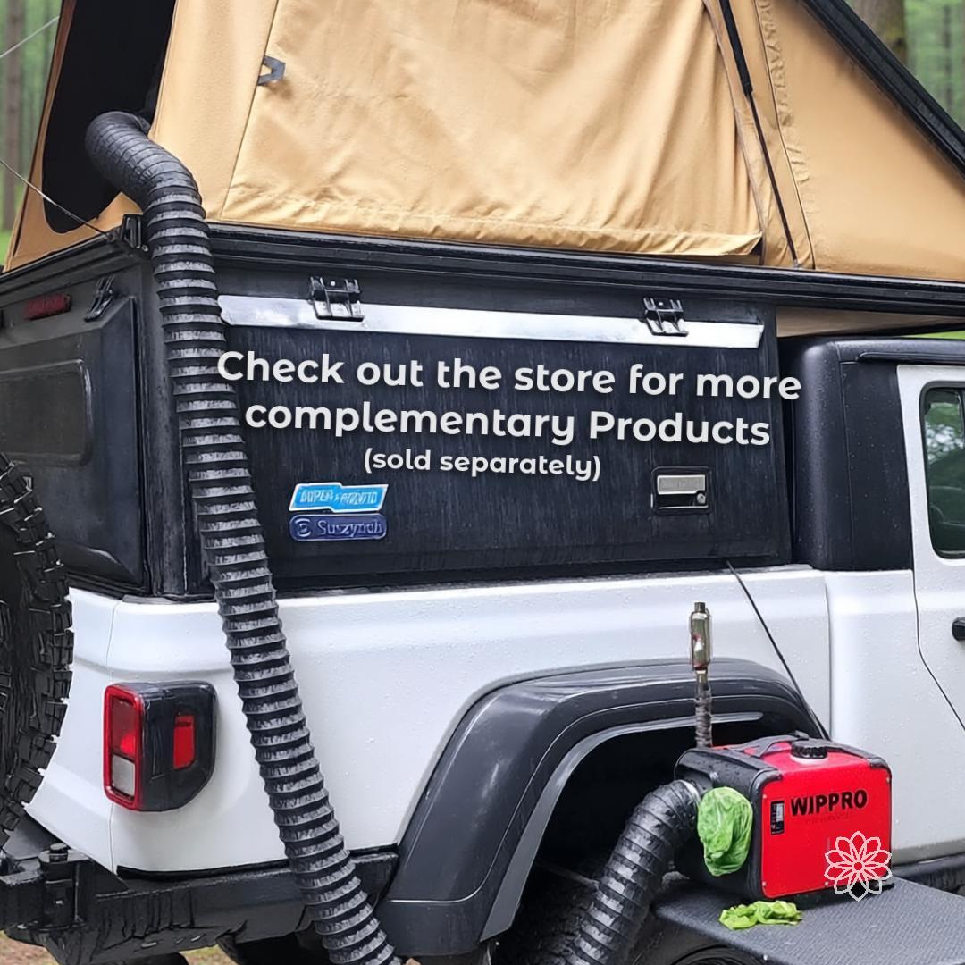 Text reads “Check out the store for more complementary Products” and “sold separately.” A white Jeep with a Super Pacific camper is shown with tan tent fabric open, black diesel heater ducting, and a red portable heater setup. This image points buyers toward related Aetherium camper accessories sold separately.