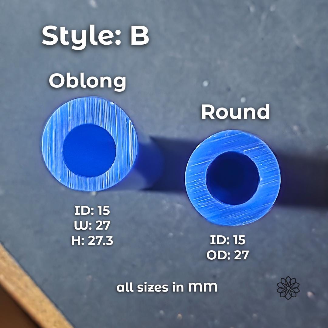 Style B blue wax ring tube comparison image showing Oblong and Round carving wax tube profiles for custom jewelry making and lost wax casting. The image helps jewelry makers choose ring blank geometry for signet rings, sculpted bands, stone setting concepts, and wax carving workflows. Dimensions shown include 15mm inside diameter sizing with width, height, and outer diameter measurements in millimeters. Text reads “all sizes in mm.”