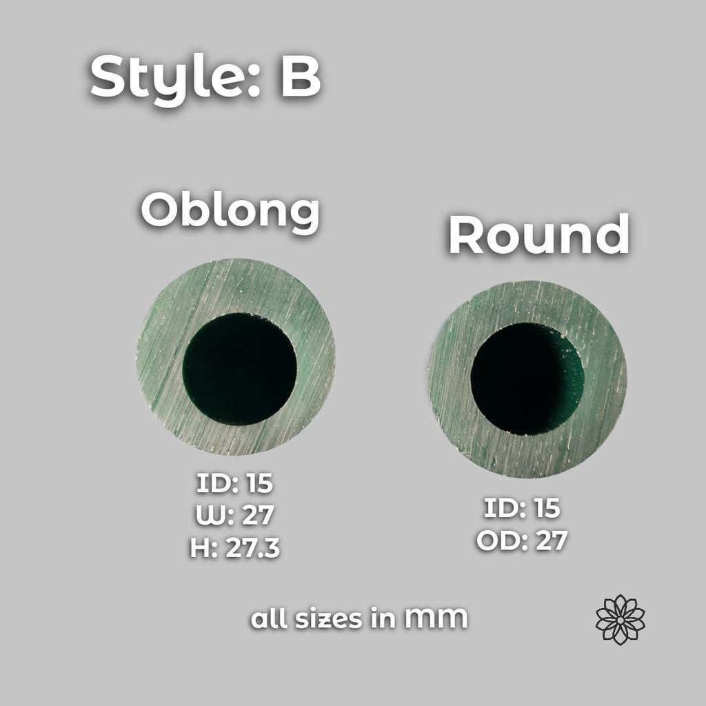 Green jewelry carving wax ring tube comparison labeled Style B showing Oblong and Round profiles with dimensions in millimeters. Image demonstrates different rounded and sculpted carving wax tube shapes used for custom jewelry making, signet rings, organic ring carving, and lost wax casting workflows.