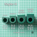 Green jewelry carving wax ring tube size comparison chart labeled Style A showing Small, Medium, Large Wide, and Large Tall profiles with dimensions in millimeters. Image displays different carving wax ring tube sizes used for signet carving, sculpted jewelry rings, bezel concepts, and lost wax casting projects.