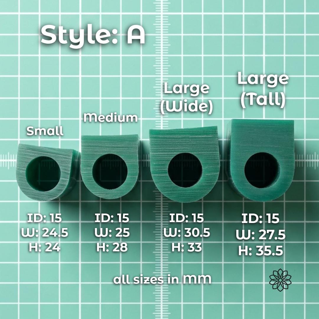 Green jewelry carving wax ring tube size comparison chart labeled Style A showing Small, Medium, Large Wide, and Large Tall profiles with dimensions in millimeters. Image displays different carving wax ring tube sizes used for signet carving, sculpted jewelry rings, bezel concepts, and lost wax casting projects.