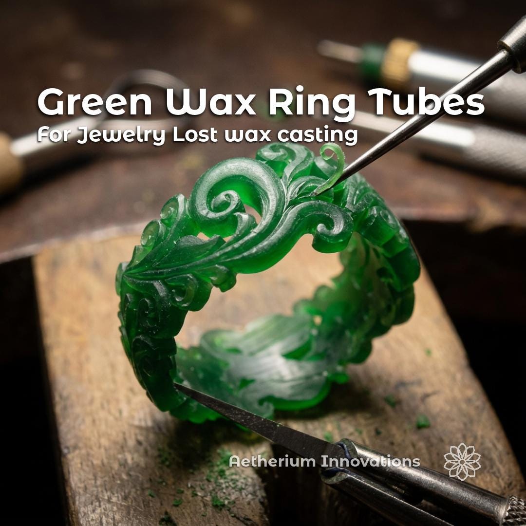 Green jewelry carving wax ring with intricate scrollwork and floral details being hand carved on a wooden jeweler’s bench using precision carving tools. Text reads “Green Wax Ring Tubes For Jewelry Lost wax casting.” Aetherium Innovations branding visible. Professional jewelry carving wax for lost wax casting, signet carving, custom rings, and detailed wax model making.