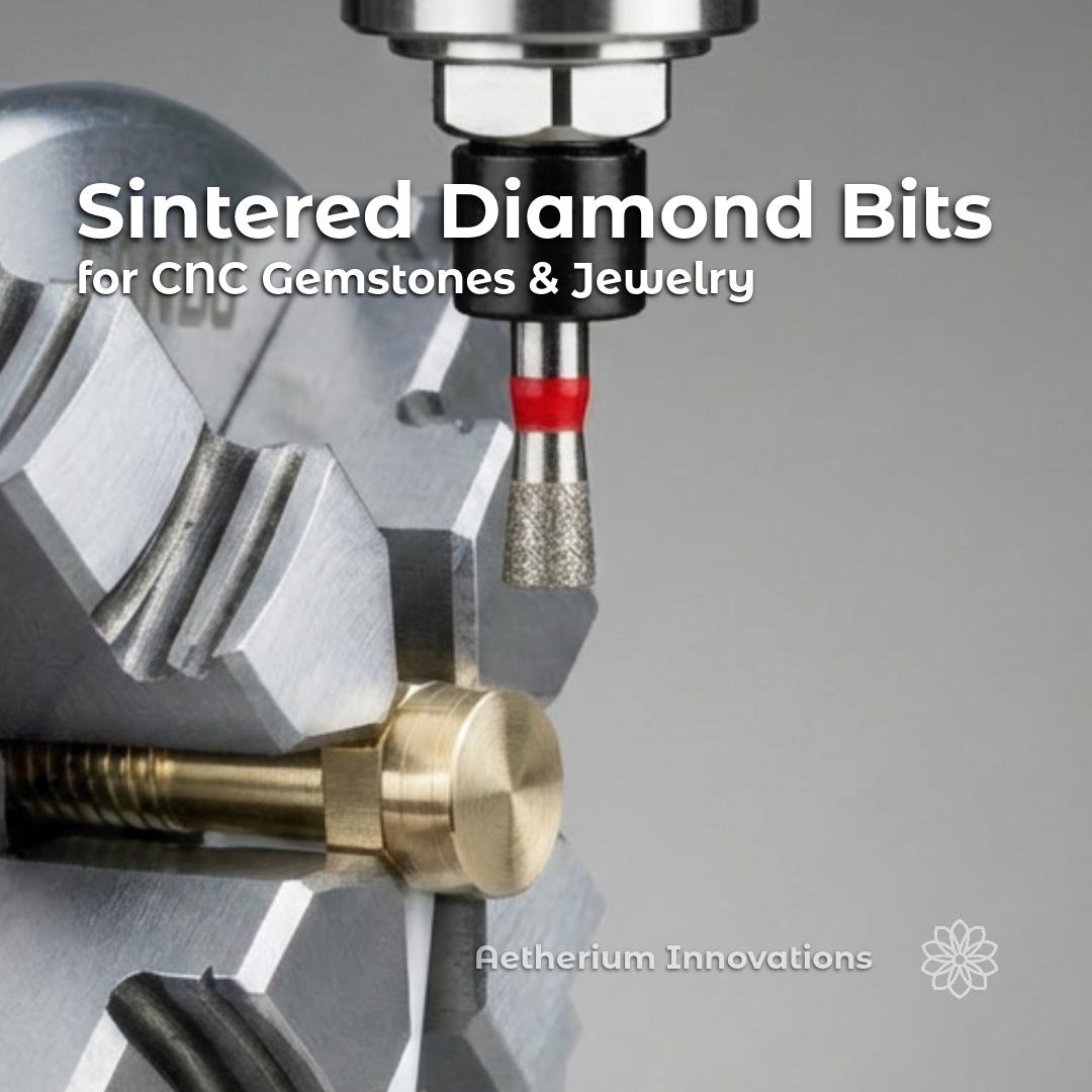 A close up of a sintered diamond bit for CNC machining. A precision tool for preforming gemstones, machined jewelry or other lapidary uses. Developed in collaboration with a dental tooling manufacturer, guarenteeing consistent quality for 2,3 and even 4th axis machining work.