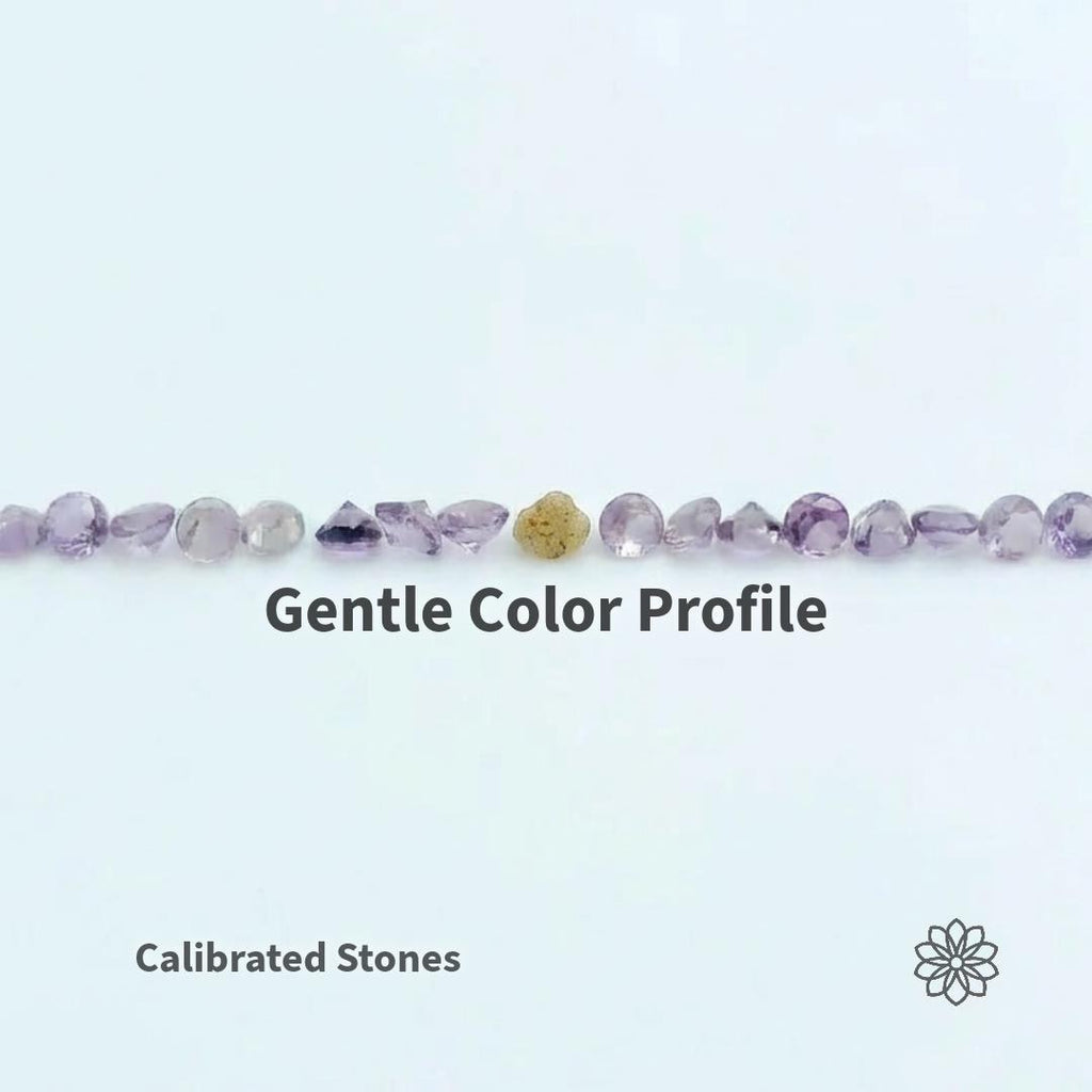 Calibrated alexandrite gemstones arranged in a straight line on a clean white background, showing a gentle color profile with soft lavender and pale violet tones under neutral lighting. Mixed faceted shapes and sizes highlight precision sorting, consistency, and suitability for jewelry making and matched stone sets.