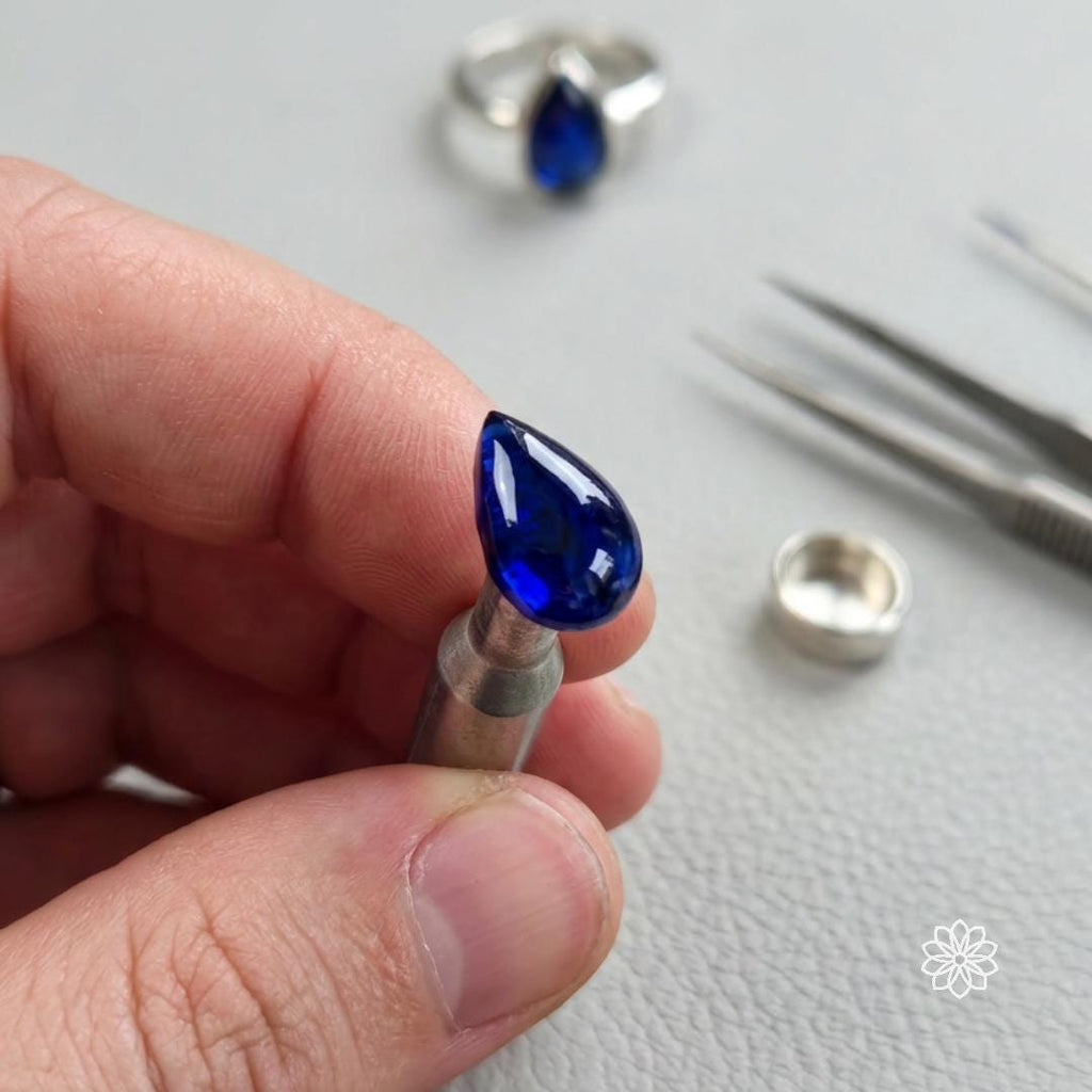 Close up of polished blue sapphire on dop stick held by hand, lapidary process showing final shaping and polishing stage, gemstone prepared for setting, used by jewelry makers and lapidary artists for precision finishing