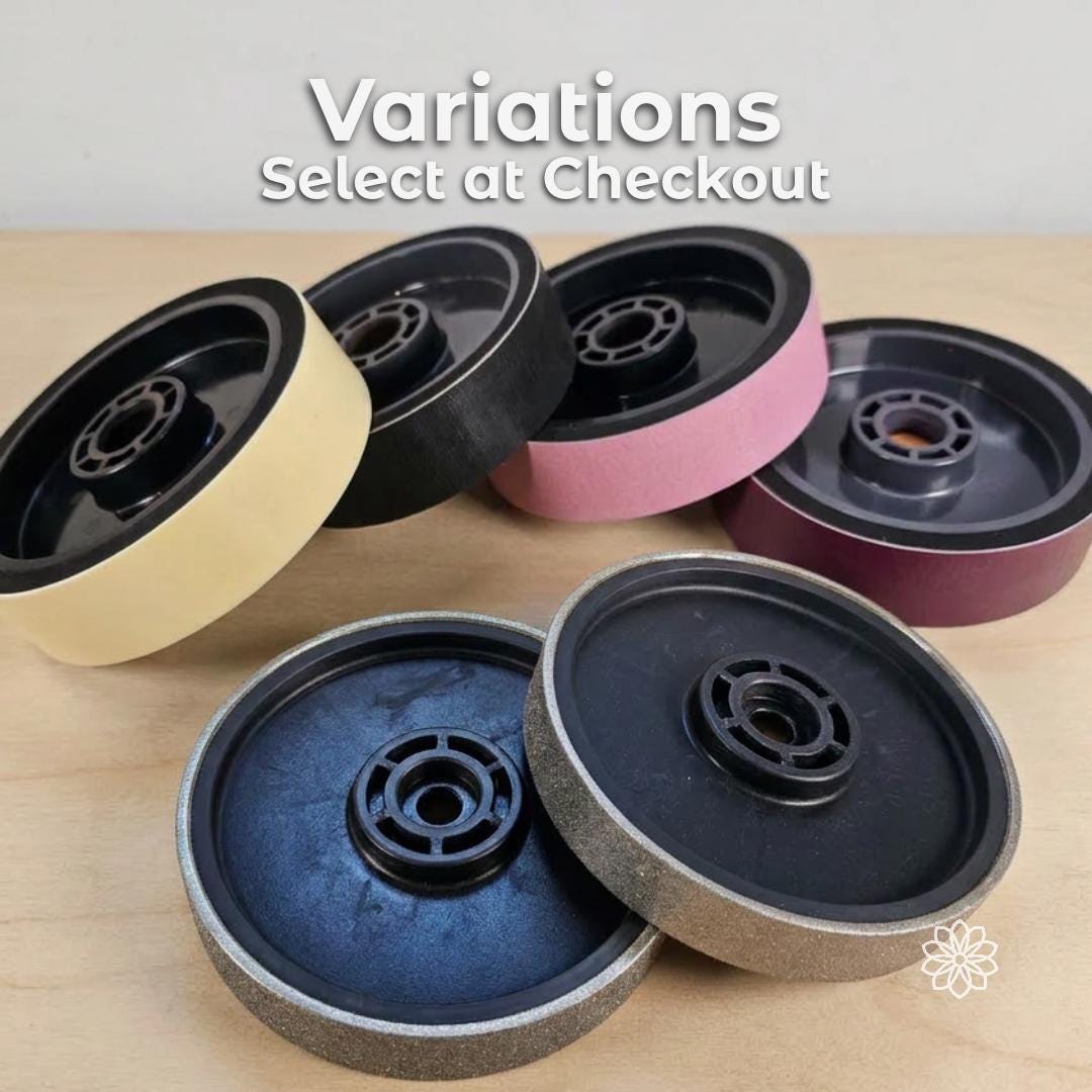 Lapidary abrasive wheel variations showing multiple grinding and polishing wheels in different grits and colors, designed for gemstone cutting and finishing, compatible with cabbing machines, ideal for lapidary work and jewelry making applications