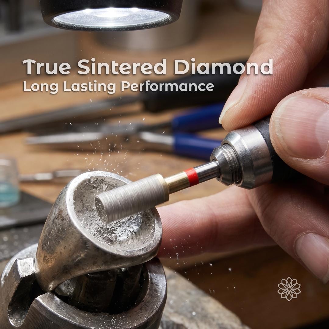 Close-up of a sintered diamond cylinder bur removing material from a cast metal ring, showing consistent cutting action and fine particulate as the tool maintains an even surface during controlled grinding and shaping work.