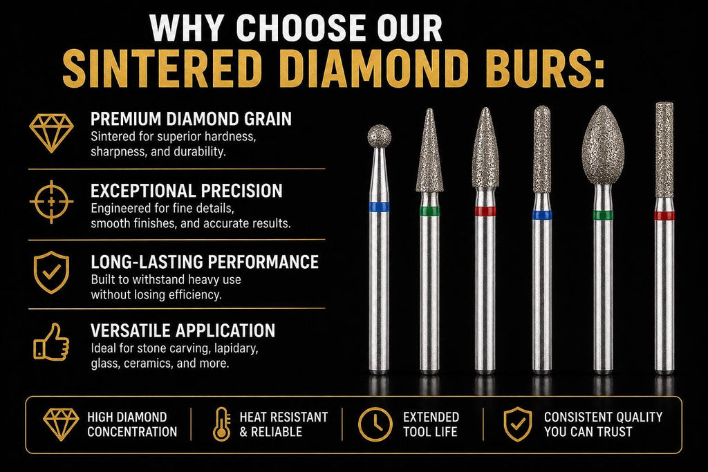 Sintered diamond burrs infographic explaining how tool performance changes in real use, showing embedded diamond construction, consistent cutting as the burr wears, and improved control when shaping stone and metal, with visual comparisons of cutting edges and a lapidary carving example under water cooling to highlight stability and predictable results.