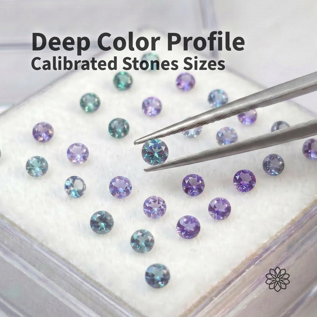 Tweezers lift one calibrated 2mm Czochralski alexandrite from a tray of matched round melee stones. The image shows consistent size, clean faceting, and deep teal-to-purple color behavior for jewelers who need reliable alexandrite accent stones for pavé, side stones, repairs, and small production settings.