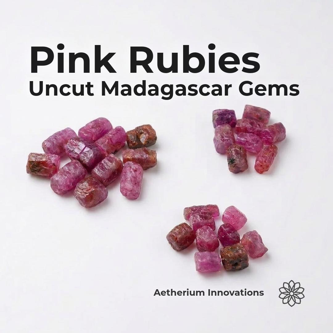 Pink ruby and sapphire rough from Madagascar arranged in three natural parcels on a white background. The stones show pink, rose, magenta, and reddish-brown corundum variation with natural crystal texture. Text reads “Pink Rubies, Uncut Madagascar Gems,” positioning the lot as natural ruby/sapphire rough for lapidary artists, cabbers, gem cutters, and jewelry makers.