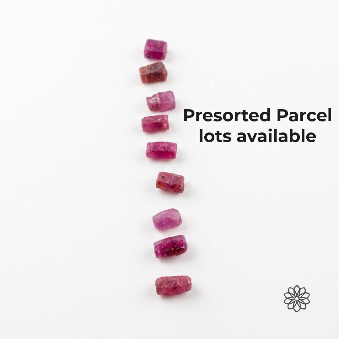 Presorted pink Madagascar ruby and sapphire rough pieces arranged vertically on a white background with text reading “Presorted Parcel lots available.” The image communicates curated natural corundum parcels with visible color range, inclusion character, and rough crystal form for lapidary artists choosing material by project needs.