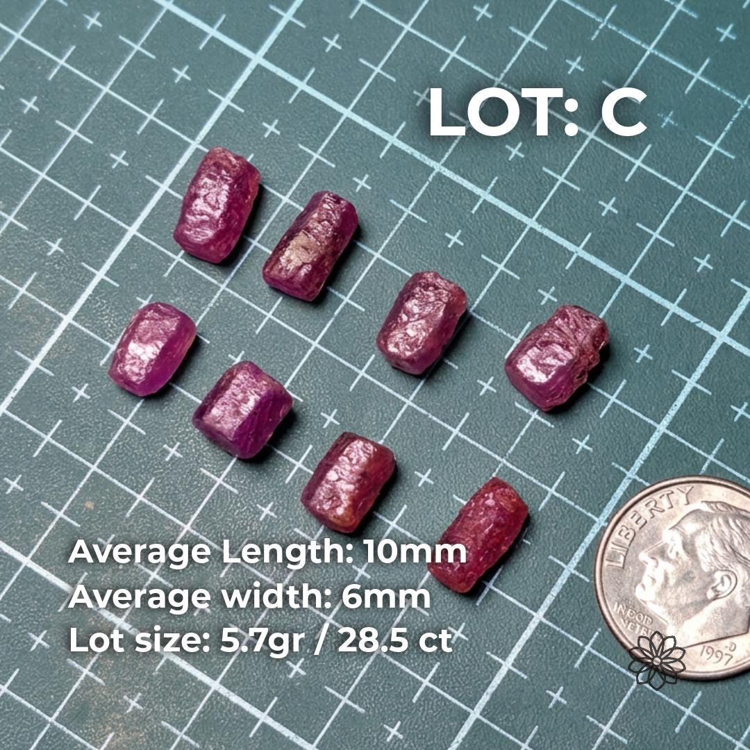 Lot C of natural pink Madagascar ruby and sapphire rough arranged on a grid mat beside a dime for scale. Text lists average length 10mm, average width 6mm, and lot size 5.7 grams or 28.5 carats. The stones show deeper rose and magenta corundum color for cabbing, small carvings, jewelry rough, and exploratory cutting.