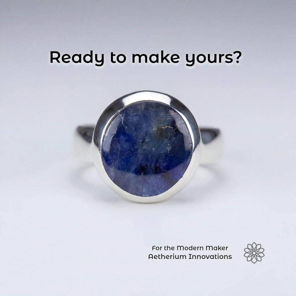Finished silver ring with a polished blue madagascar sapphire cabochon center stone shown under text reading “Ready to make yours?” The image presents a finished lapidary outcome for makers buying natural ruby or sapphire rough, connecting rough gemstone material to cabochon cutting, custom jewelry, bezel setting, and one-of-one stone projects.