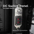 Text reads "DC Switch Panel for Super Pacific X1 Camper" and "Aetherium Innovations." Installed aluminum DC switch panel