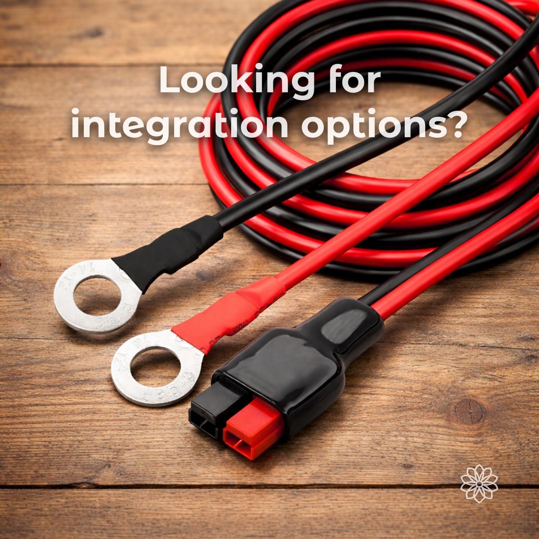 Text reads “Looking for integration options?” Red and black power cables with ring terminals, heat shrink, and Anderson Powerpole connectors are shown on a wood surface. This image presents optional wiring support for connecting the Super Pacific X1 DC switch panel to an existing battery, power station, auxiliary fuse block, or camper electrical system.
