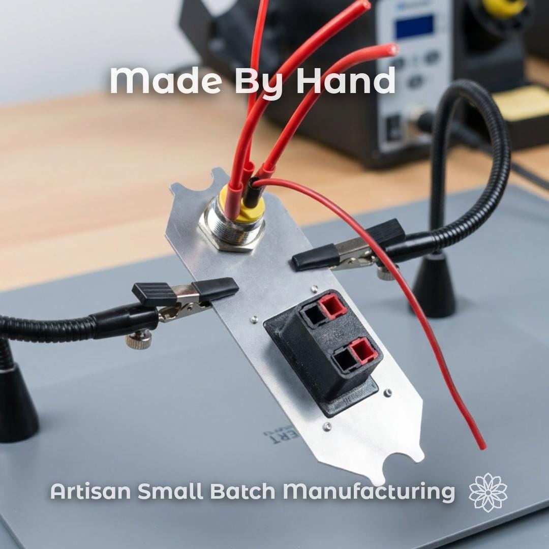 Text reads “made By Hand” and “Artisan Small Batch Manufacturing.” Rear view of the DC switch panel during assembly, showing red wiring, Anderson Powerpole ports, clamps, and workshop tools. This image shows the panel being hand-wired and built in small batches instead of resold as a generic RV electrical part.