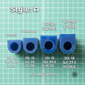 Style A blue wax ring tube sizing chart for jewelry makers and lost wax casting workflows displayed on a green cutting grid. Four carving wax tube sizes are shown for custom ring carving and signet ring fabrication: Small, Medium, Large Wide, and Large Tall. Each tube includes dimensions in millimeters with 15mm inside diameter sizing. Text reads “all sizes in mm.” Designed for jewelry carving, casting prep, and wax ring prototyping.