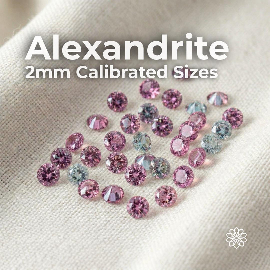 2mm round cut lab-grown alexandrite gemstones arranged on light fabric background. Stones show vivid pink and soft lavender tones with precise faceting. White overlay text in upper left reads “Alexandrite 2mm Round Cut.” Small calibrated accent stones for jewelry making, pavé, halo, and fine detail work requiring consistent sizing.