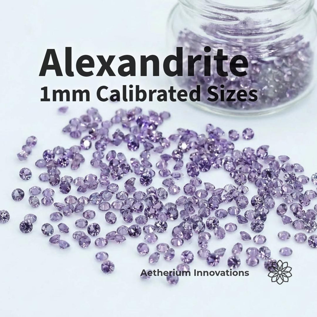 Lab-grown alexandrite gemstones, 1 mm round brilliant cut, shown loose on a white studio surface with additional stones stored in a clear glass jar. Stones display muted lavender to gray-green tones typical of synthetic alexandrite under neutral lighting. Consistent size and cut geometry intended for precision bench setting, pavé layouts, and fine jewelry or inlay work.