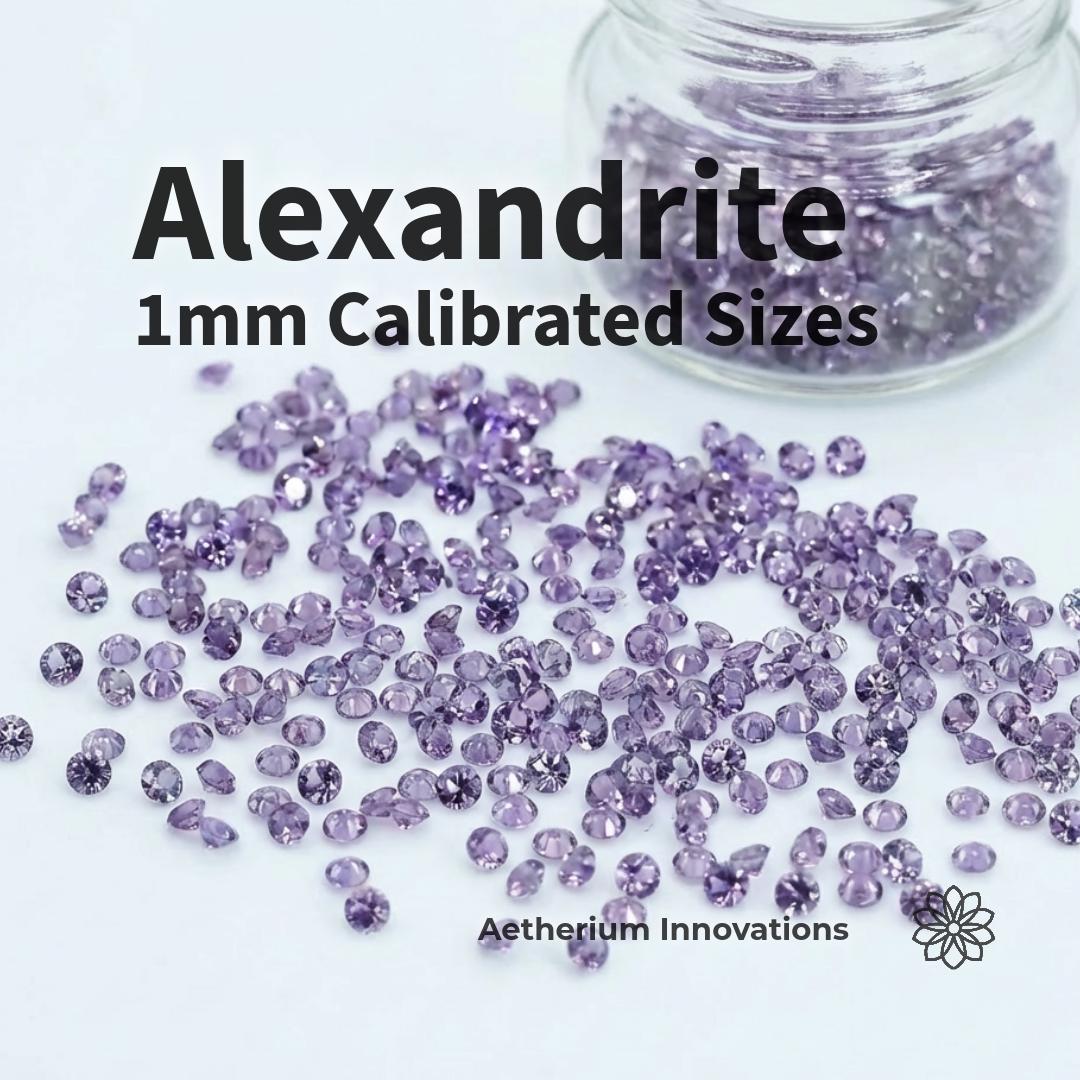 Lab-grown alexandrite gemstones, 1 mm round brilliant cut, shown loose on a white studio surface with additional stones stored in a clear glass jar. Stones display muted lavender to gray-green tones typical of synthetic alexandrite under neutral lighting. Consistent size and cut geometry intended for precision bench setting, pavé layouts, and fine jewelry or inlay work.