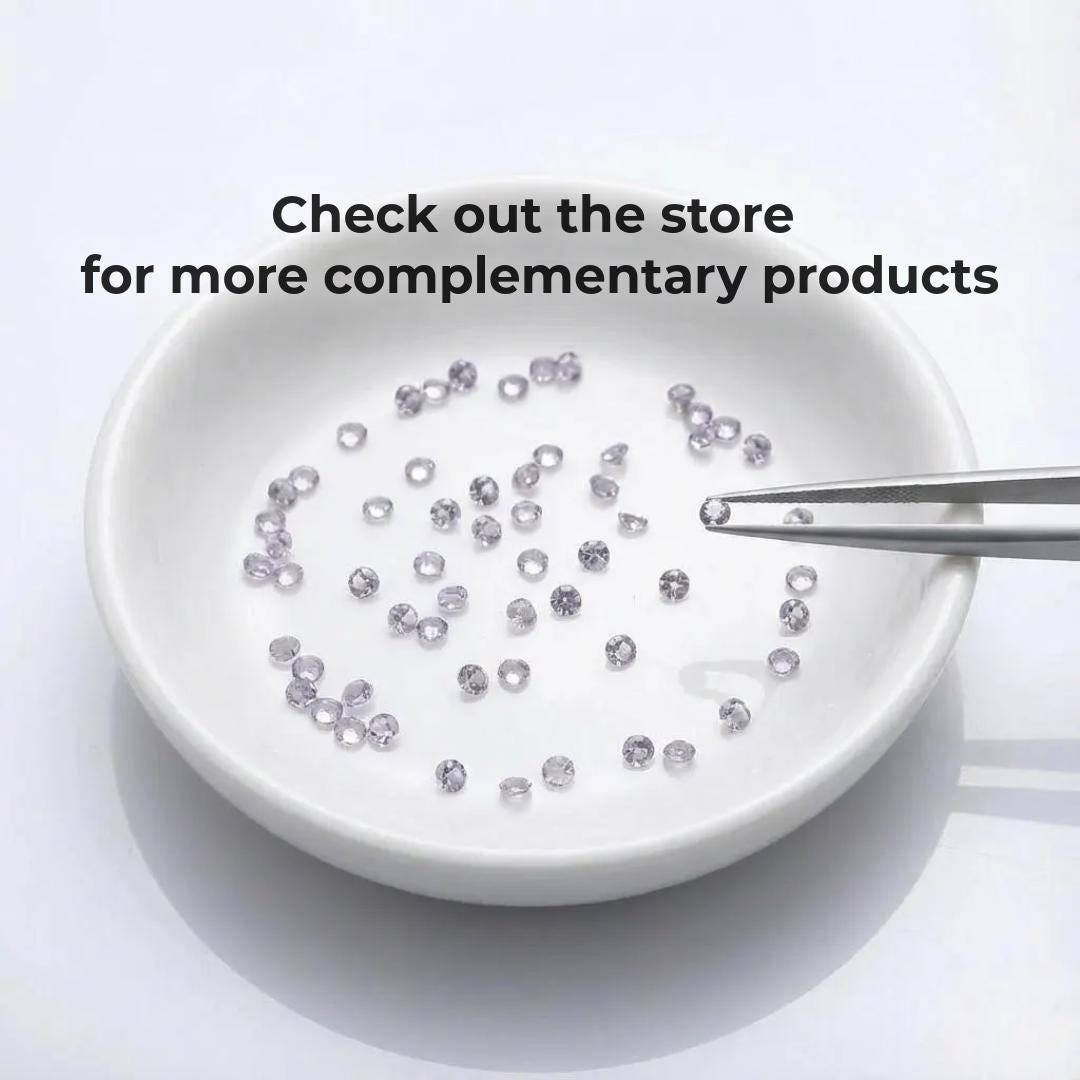 Small loose gemstones arranged in a white dish while tweezers select one stone, with text reading “Check out the store for more complementary products.” This image supports discovery for jewelers seeking matched melee, accent stones, loose gems, and related Aetherium jewelry-making supplies.