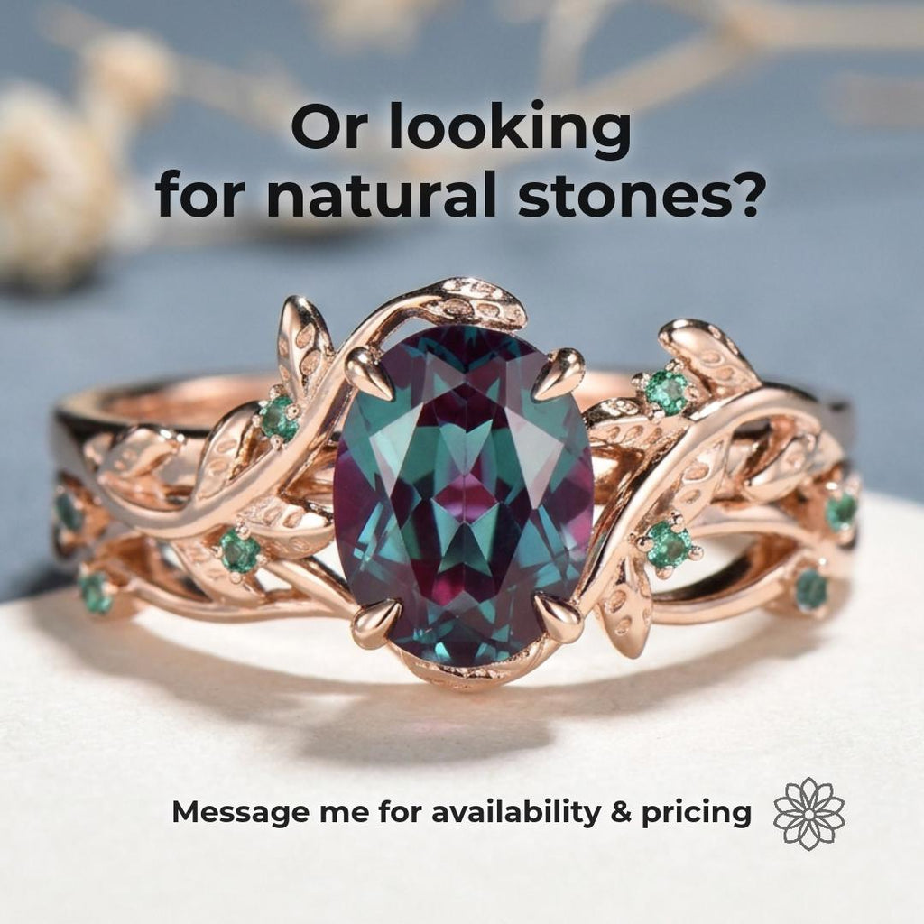 Ornate rose gold ring with a large color-change center stone and small green accent stones in a leaf-inspired setting. Text reads “Or looking for natural stones? Message me for availability & pricing,” directing serious buyers toward natural alexandrite or premium gemstone sourcing through Aetherium.