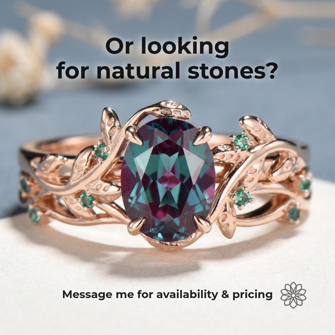 Ornate rose gold ring with a large color-change center stone and small green accent stones in a leaf-inspired setting. Text reads “Or looking for natural stones? Message me for availability & pricing,” directing serious buyers toward natural alexandrite or premium gemstone sourcing through Aetherium.