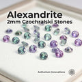 “Alexandrite 2mm Czochralski Stones.” Calibrated round melee show teal, green, lavender, and violet color shift, positioning these lab-grown chrysoberyl stones as premium jewelry supply for makers, setters, and custom ring work.