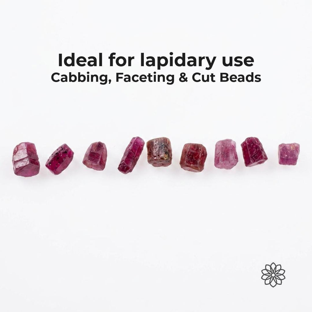 Natural pink Madagascar ruby and sapphire rough arranged in a row beneath text reading “Ideal for lapidary use, Cabbing, Faceting & Cut Beads.” The stones show varied pink, red, and rose tones with natural inclusions and crystal texture for cabochon cutting, exploratory faceting, bead cutting, carving, and jewelry projects.