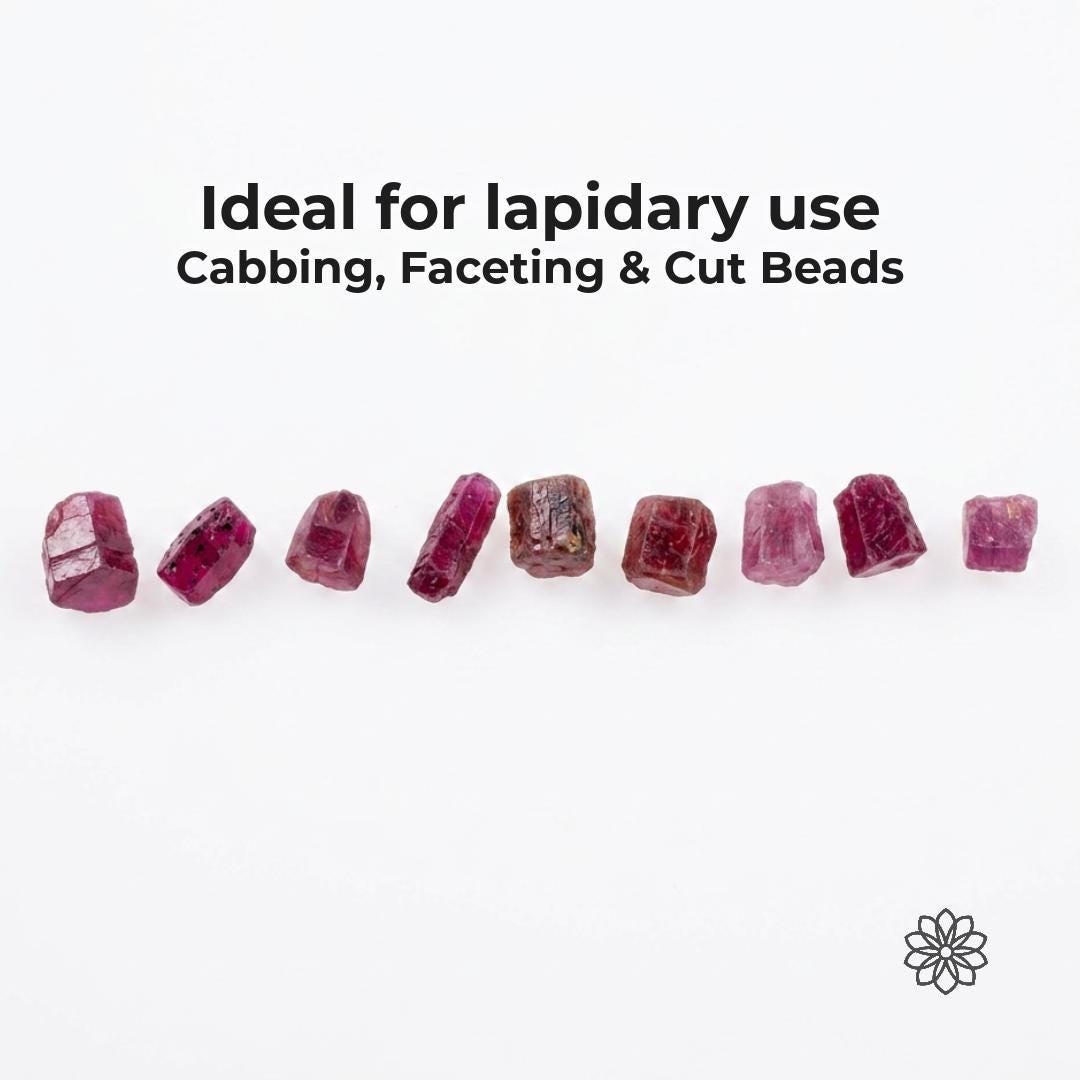 Natural pink Madagascar ruby and sapphire rough arranged in a row beneath text reading “Ideal for lapidary use, Cabbing, Faceting & Cut Beads.” The stones show varied pink, red, and rose tones with natural inclusions and crystal texture for cabochon cutting, exploratory faceting, bead cutting, carving, and jewelry projects.