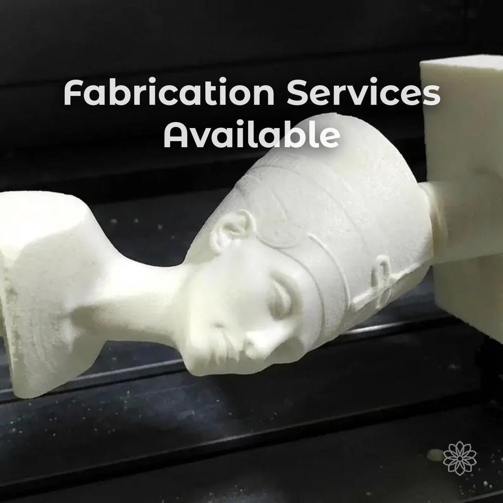 White CNC-carved bust mounted in a rotary fixture on a dark machine bed, with large text reading “Fabrication Services Available.” Promotes Aetherium Innovations custom fabrication, CNC machining, prototyping, and maker service work for parts, fixtures, and specialty projects.