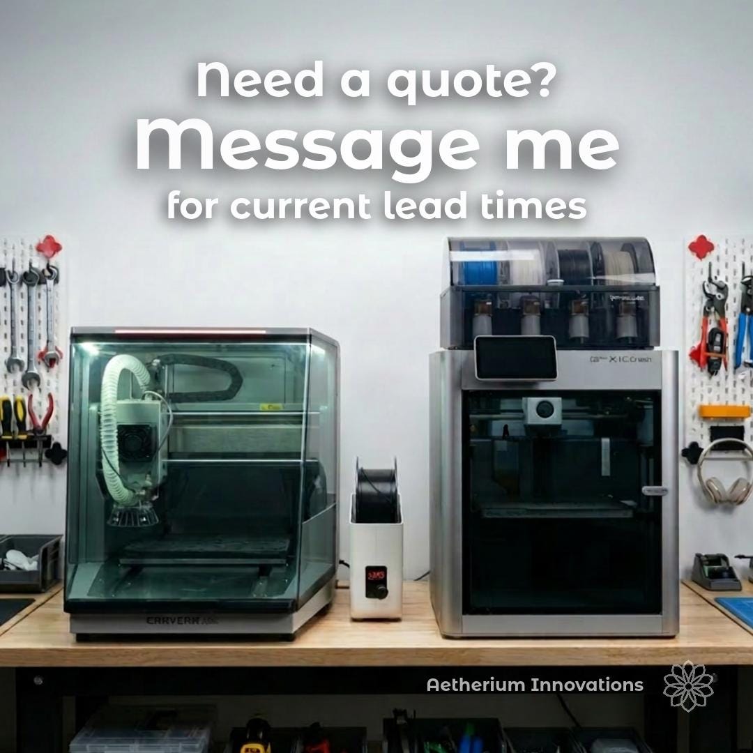 Aetherium Innovations workshop bench with a Carvera Air CNC machine, Bambu Lab 3D printer, filament dryer, hand tools, and pegboard, with text reading “Need a quote? Message me for current lead times.” Promotes custom fabrication, 3D printing, CNC, and project quote services.