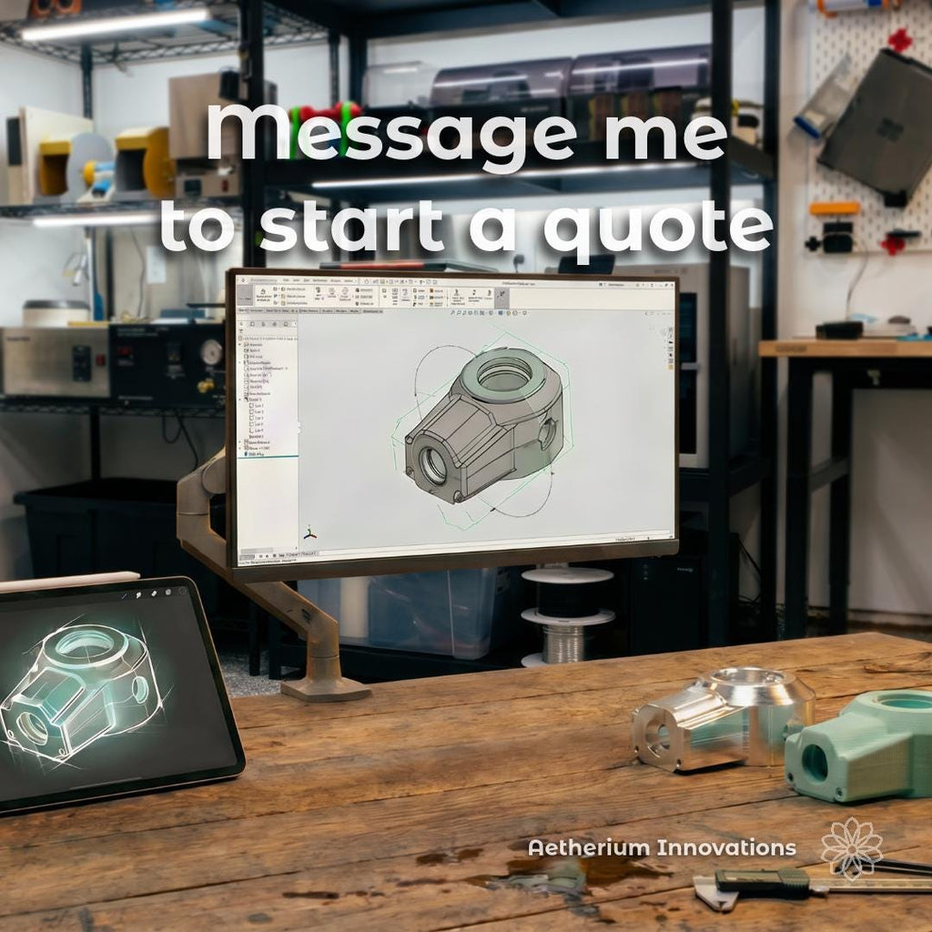 Engineering workstation displaying a CAD model of a mechanical component alongside manufactured parts and digital design tools. Overlay text reads "message me to start a quote" with Aetherium Innovations branding. The image represents custom reverse engineering, CAD development, part recreation, product design, manufacturing consultation, and engineering support services.