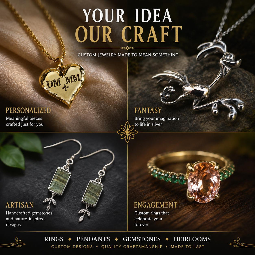 ALT TEXT: Custom jewelry showcase featuring four handmade jewelry styles including personalized heart pendant