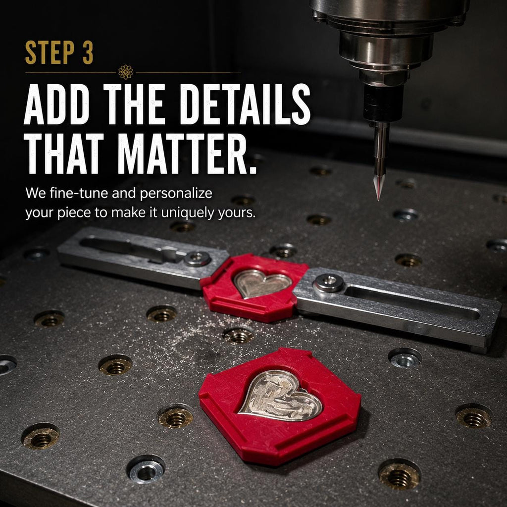 Custom jewelry personalization process showing engraved heart-shaped jewelry component secured in a precision fixture beneath