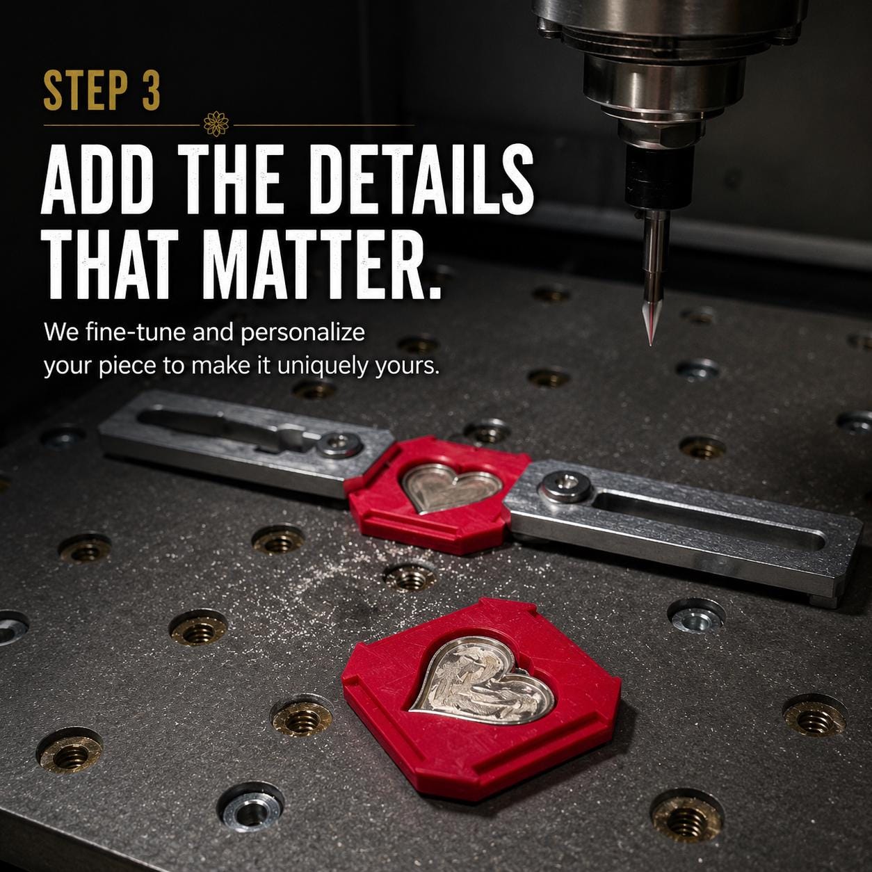 Custom jewelry personalization process showing engraved heart-shaped jewelry component secured in a precision fixture beneath