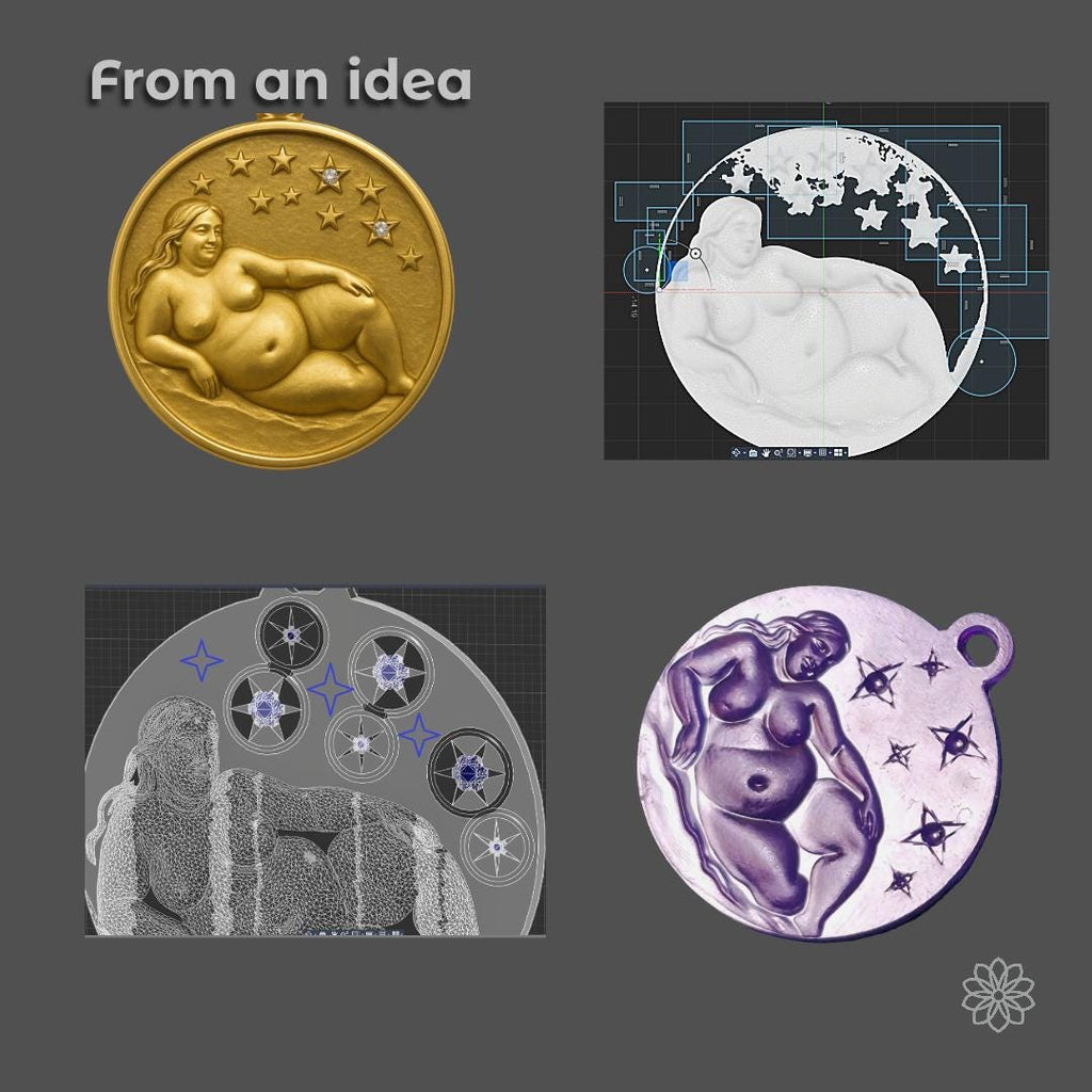 Custom pendant design process showing finished gold celestial pendant beside CAD modeling, digital sculpting