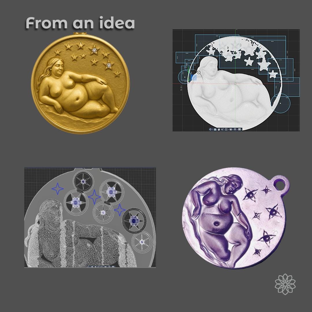 Custom pendant design process showing finished gold celestial pendant beside CAD modeling, digital sculpting